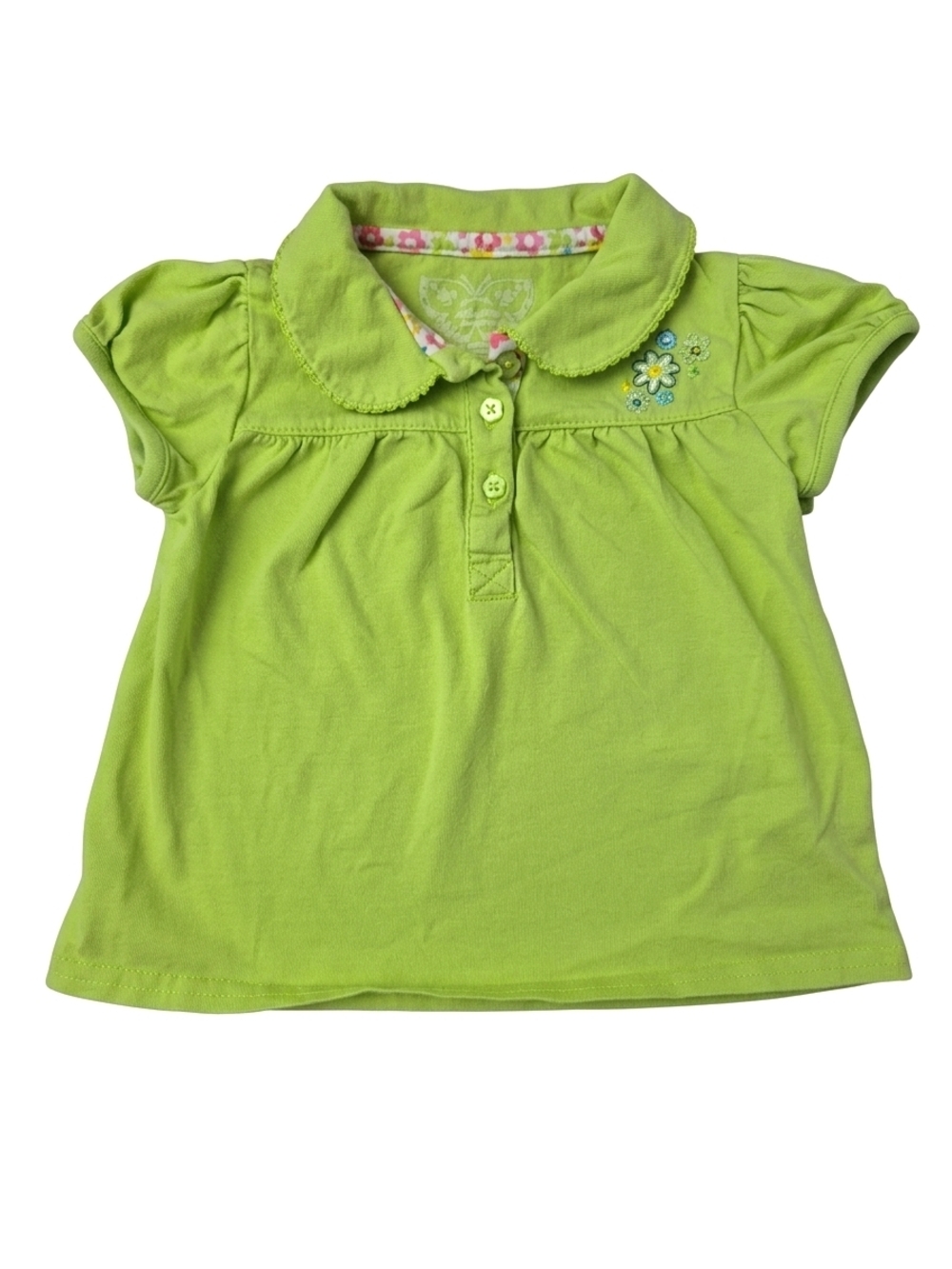 VTG Y2K Arizona Lime Green Embroidered Daisy Polo Shirt Puff Sleeve Girl 24M